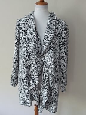 Calvin Klein Black & White Spring Coat – Open Front with Ruffle Details